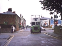 Picture of Open top bus entering Shanklin bus station 1981.(note the old public toilet block)