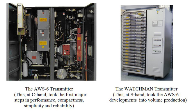 The pictures of The AWS-6 Transmitter (This, at C-band, took the first major steps in performance, compactness, simplicity and reliability) and The WATCHMAN Transmitter (This, at S-band, took the AWS-6  developments into volume production)