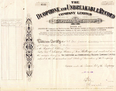 Duophone Share Certificate Picture of Duophone Share Certificate
