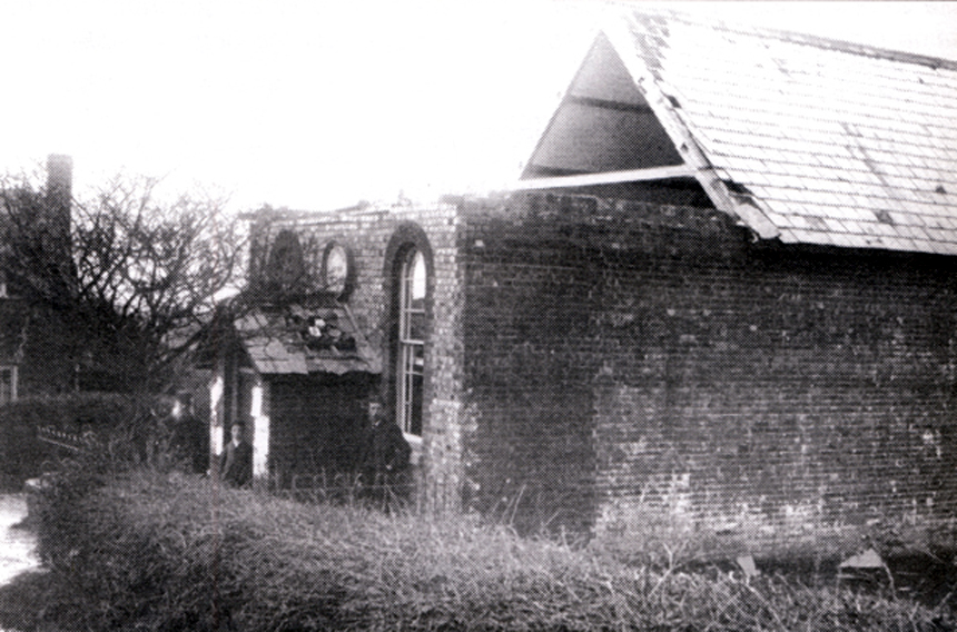 Storm damage viewed from the front of the chapel